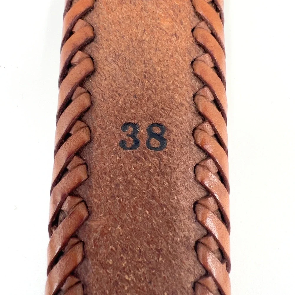 Vintage 1991 Mens Western Leather Belt Braided Edge Silver Engraved Buckle 38